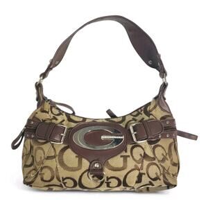 Vintage GUESS Purse Baguette Shoulder Bag Signature Brown Tan Silver Y2K